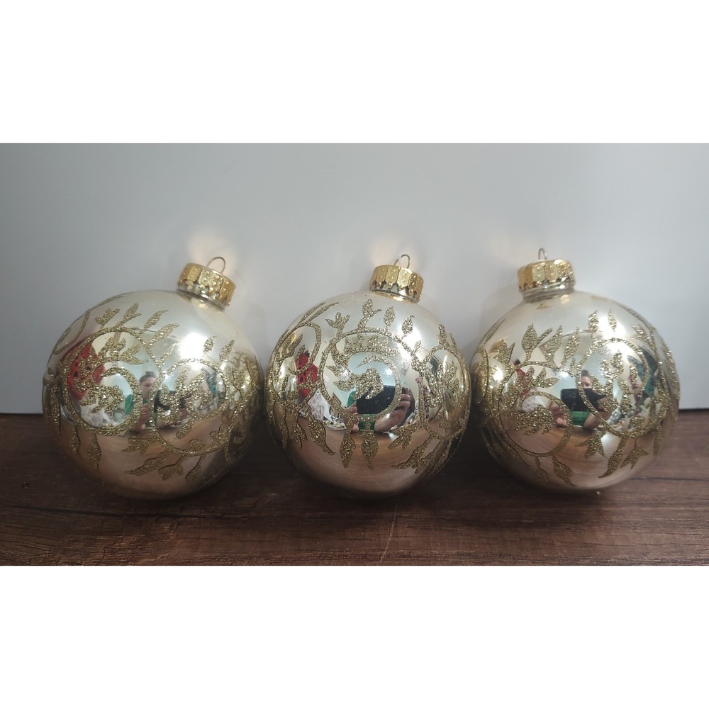 Vtg Gold Glass Ball Christmas Ornament Lot Of 3 Shiny Finish Gold Glitter Scroll